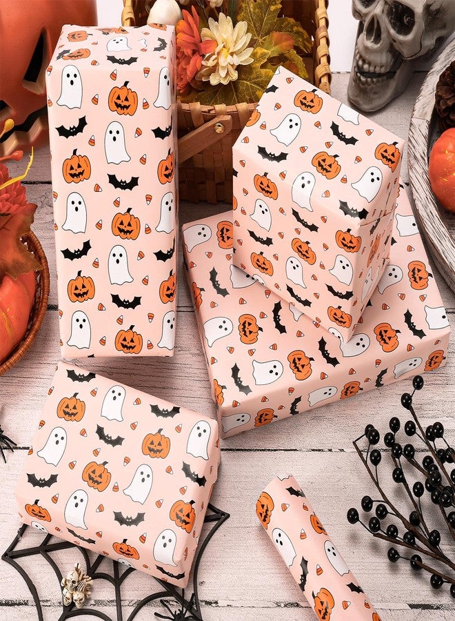 Whaline Halloween Wrapping Paper - Mini Roll - 17 In x 32.8 Ft Cute Pumpkin Ghost Bats Gift Wrap Paper Boho Orange DIY Art Crafts Packing for Halloween Birthday Baby Shower Holiday Party - Image 4